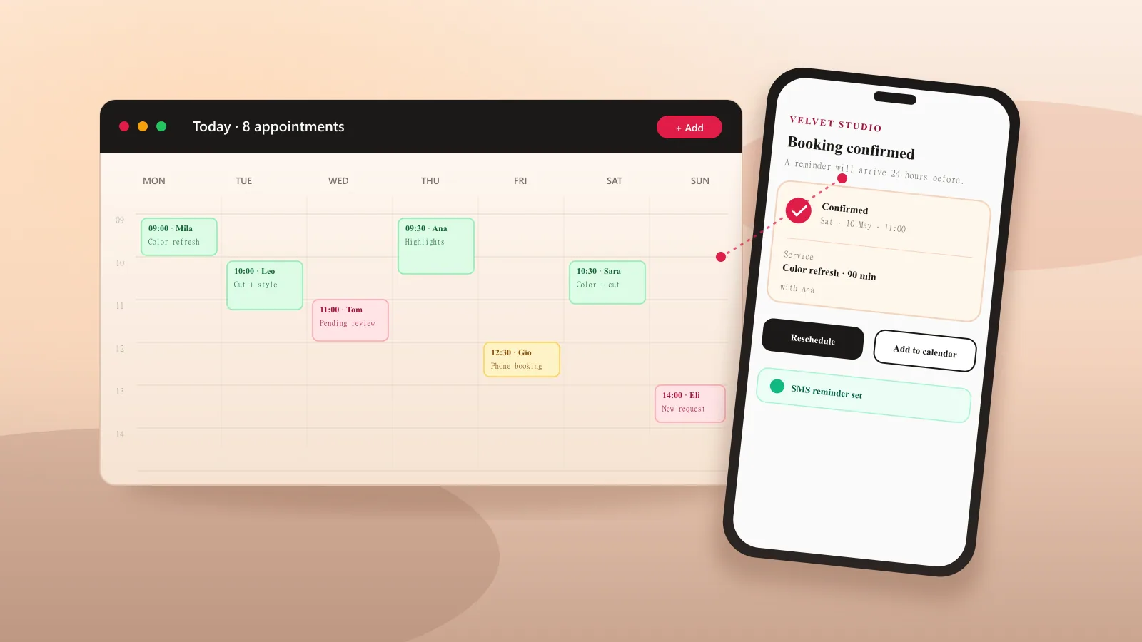 Editorial service business scene with booking workflow